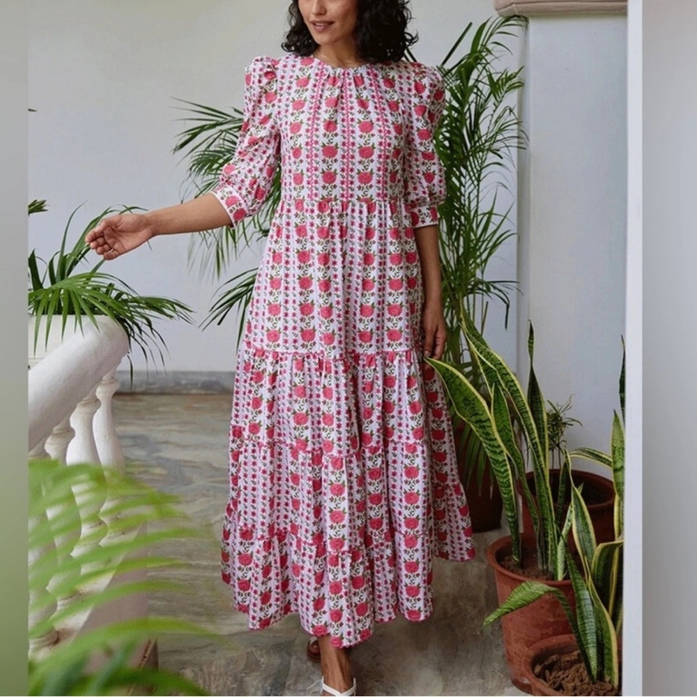 Pink City Prints Red Green White Floral Scallop Trim Etta Dress Size XS